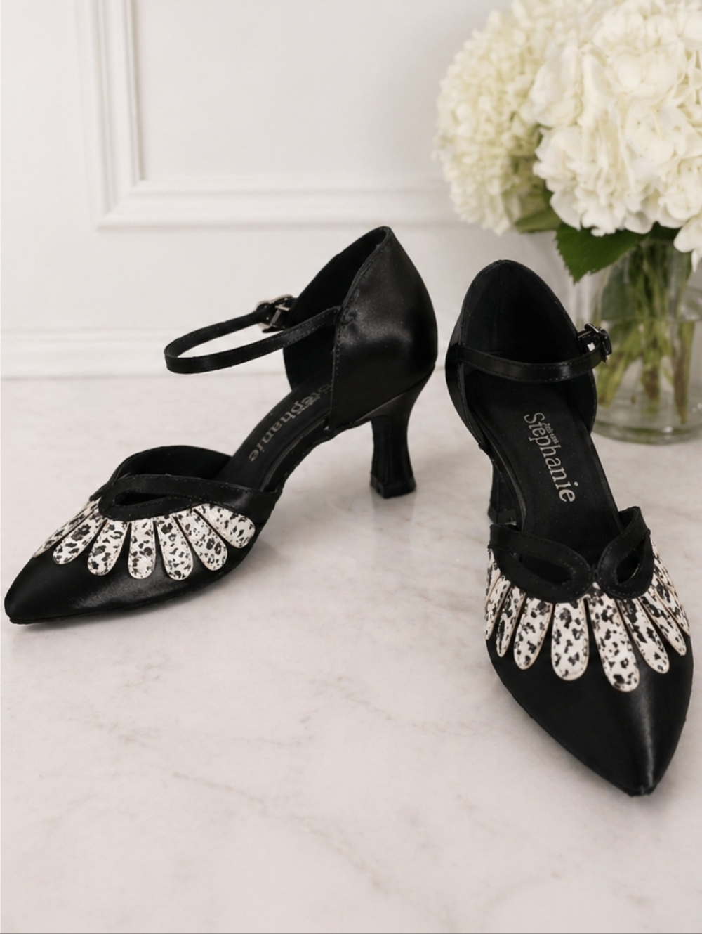 Ballroom Stephanie Black Satin White Leopard Print Motif Dancing Shoes Size 7 - Picture 2 of 11